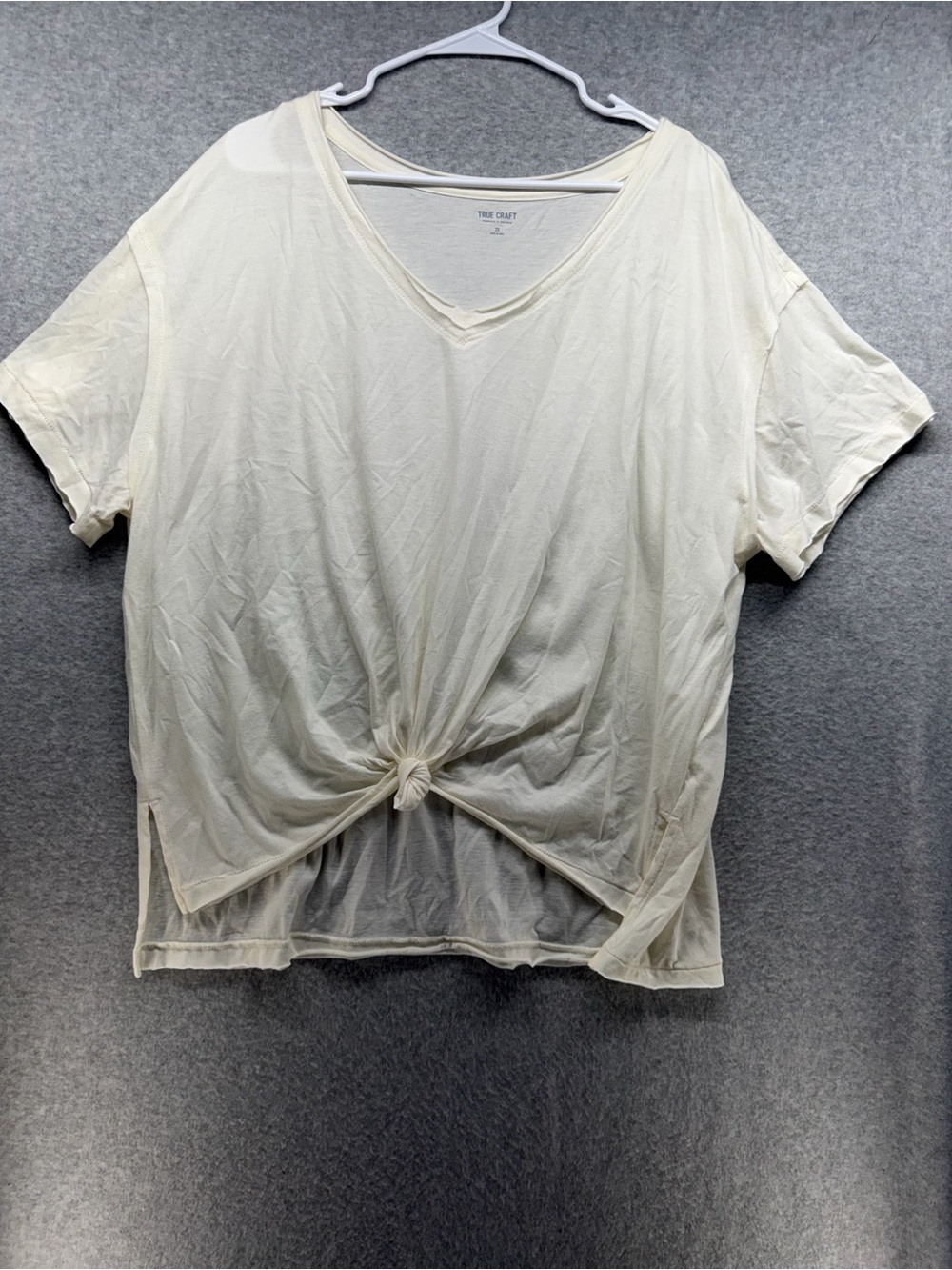 True Craft Cream Short Sleeve V-Neck Knot Front Tee